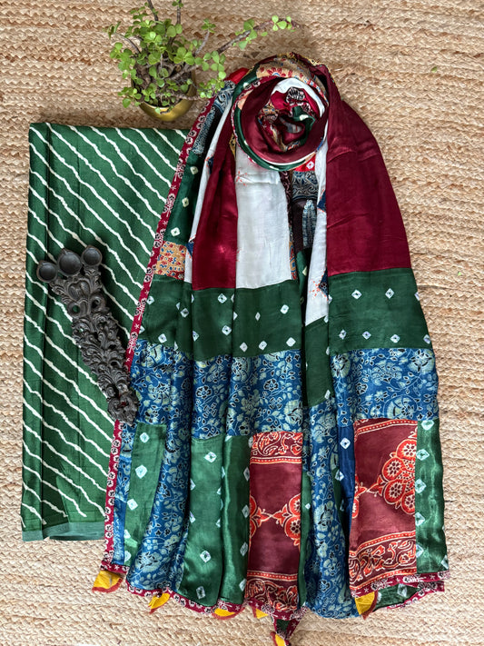 GREEN MASHRU SILK KURTA WITH AJRAKH PATCHWORK  HANDCRAFTED MIRROR WORK MODAL SILK DUPATTA PWK-4