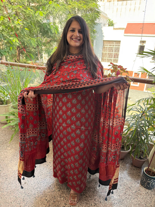MAROON AJRAKH MODAL SILK HANDBLOCK KURTA SET