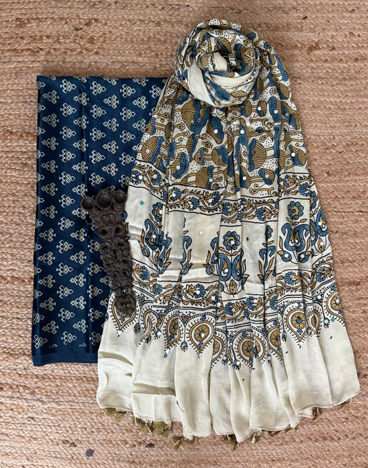 Indigo Blue Mashru Silk Kurta With Beige Ajrakh Handcrafted Mirror Work Modal Silk Dupatta