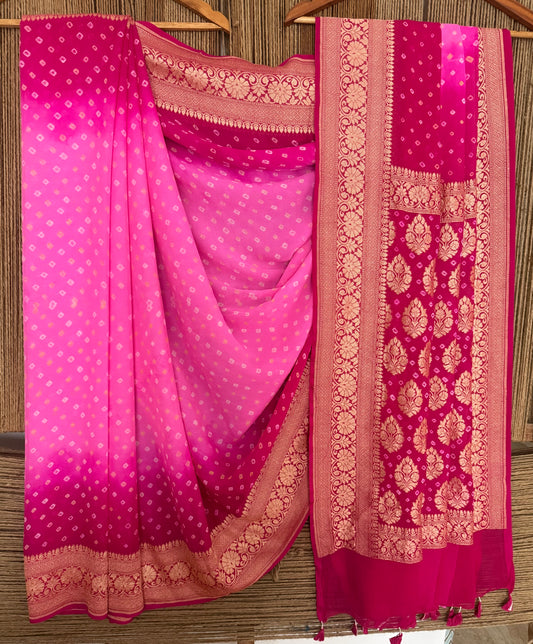 Candy Pink & Rani Pink  Handwoven Neem Zari Bareek Bandhani Saree with Khaddi Georgette BS- 303