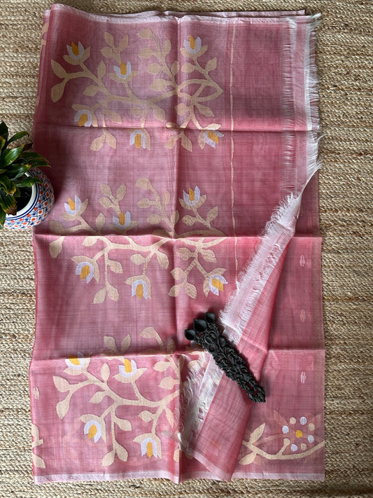 PEACH HANDWOVEN PURE MUSLIN SILK SARI