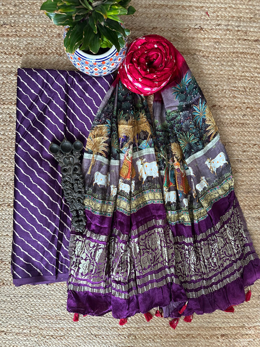 PURPLE LEHERIYA  MASHRU SILK KURTA WITH BANDHANI PICHWAI HANDCRAFTED  MODAL SILK DUPATTAS PS- 10193