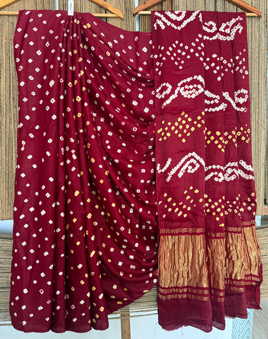 Burnt Maroon modal  silk dot bandhani sari