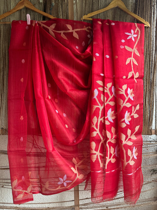 RED MAROON JAMDANI HANDWOVEN PURE MUSLIN SILK SARI MJS-1