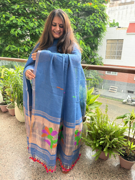 STEEL BLUE TISSUE LINEN JAMDANI HANDWOVEN KURTA SET