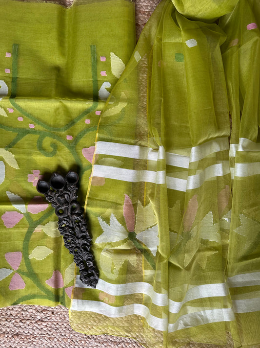LIME GREEN HANDWOVEN JAMDANI PURE MUSLIN SILK KURTA SET MJK-42