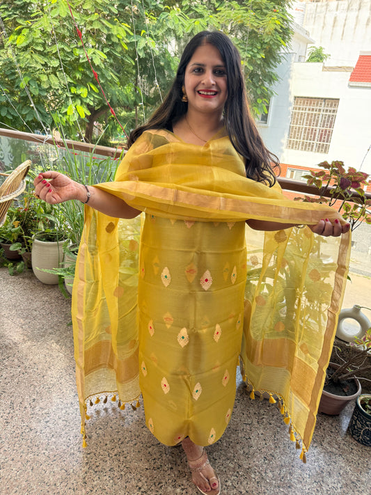 Saffron Yellow Kora silk certified handloom Banarsi kadwa Booti three piece suit