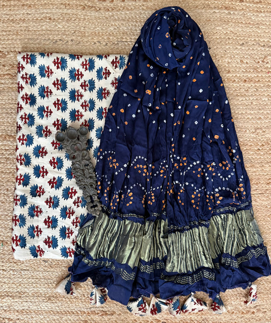 Deep navy  blue ajrakh mashru silk kurta with bandhani handcrafted modal silk dupatta