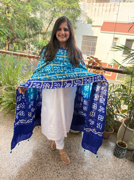 OCEAN BLUE & INK BLUE HANDWOVEN HANDCRAFTED GAJJI SILK GHARCHOLA DUPATTA GGD-5