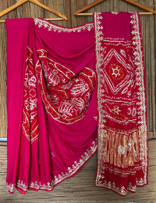 RED & PINK RAI BANDHANI CHAKRA THEME GAJJI SILK SARI WITH HANDEMBROIDERY GOTTA PATTI  BS- 405