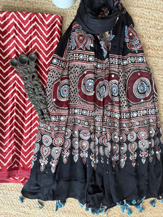 Maroon Mashru Silk Kurta With Black Ajrakh Handcrafted Mirror Work Modal Silk Dupatta