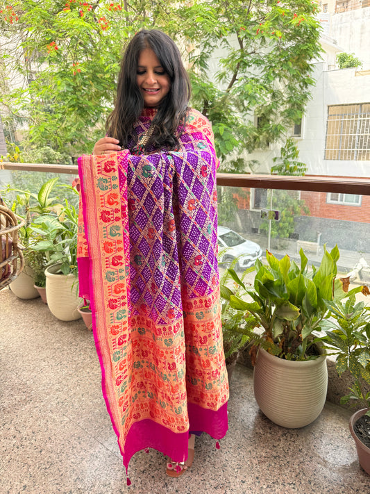 Purple and pink Ombré shade Handwoven Bareek Bandhani Meena kari Jaal   Dupatta With pure Purple Gajji Silk kurta set