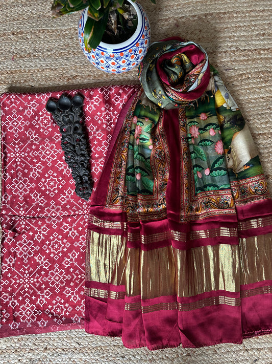 MAROON MASHRU SILK KURTA WITH PATOLA PRINT MODAL SILK DUPATTAS PS-10110