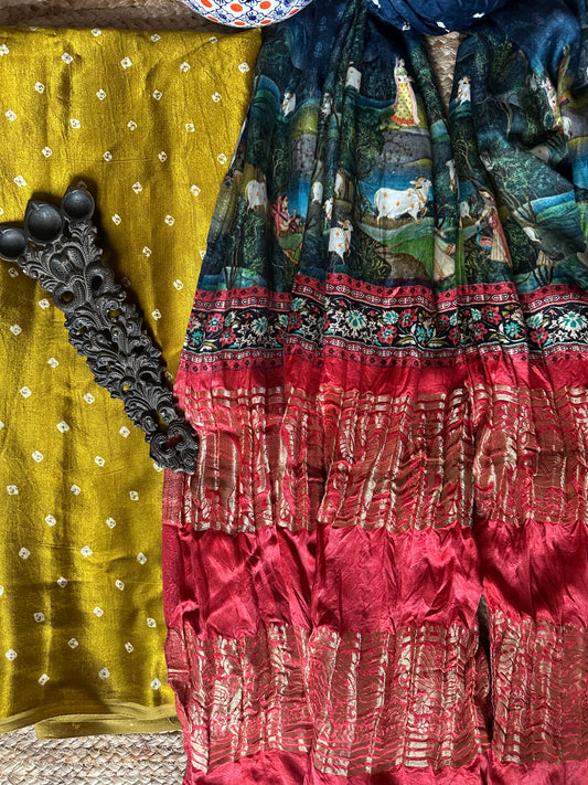 MUSTARD MASHRU KURTA WITH BANDHANI PICHWAI HANDCRAFTED  MODAL SILK DUPATTAS