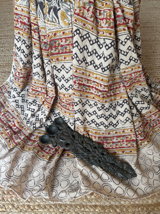 BEIGE MUSTARD KALAMKARI MULL COTTON HANDCRAFTED DUPATTA