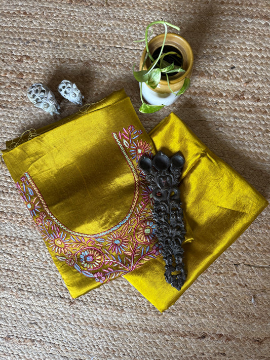 MUSTARD MASHRU SILK HAND EMBROIDERY KASHMIRI HANDEMBROIDERY SOZNI WORK CORD SET Cs- 23