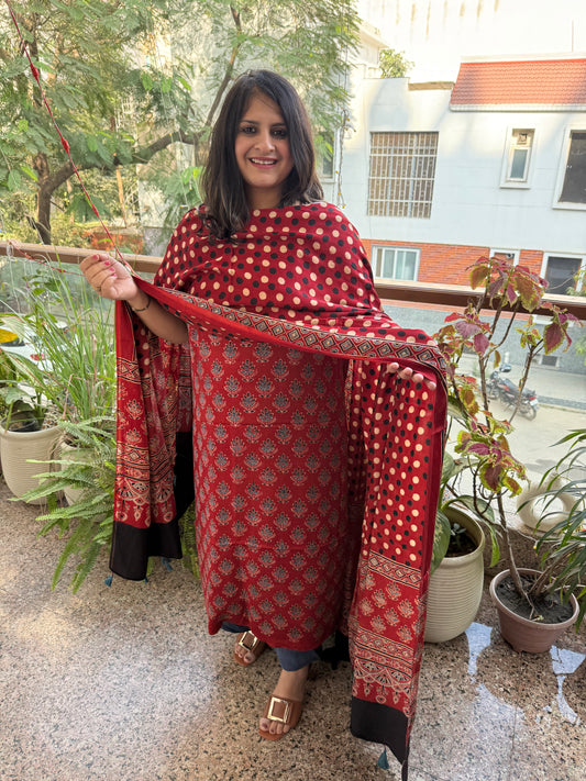 MAROON AJRAKH MODAL SILK HANDBLOCK KURTA SET