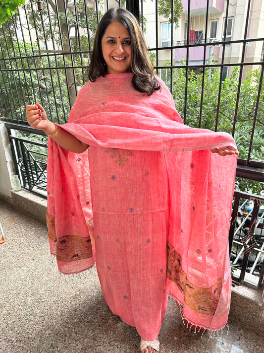 CANDY PINK WOVEN LINEN  KURTA SET