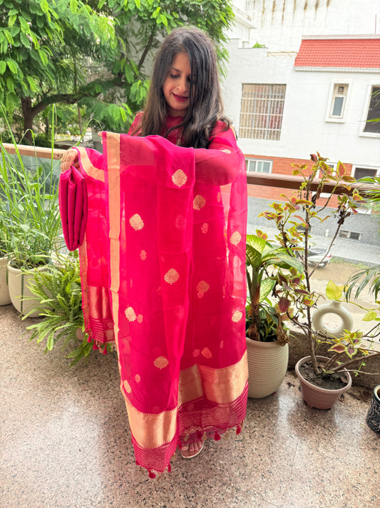 Cherry pink Kora silk certified handloom Banarsi kadwa Booti Meenakari three piece suit
