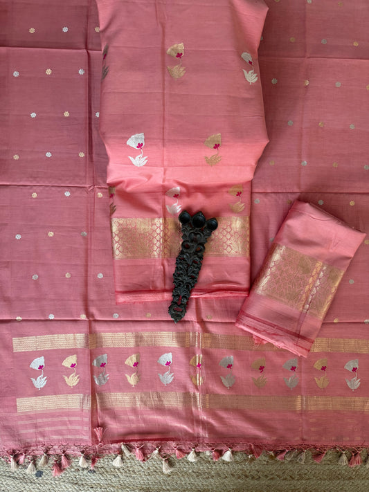 Salmon pink mull cotton certified handloom banarsi kadwa booti three piece suit