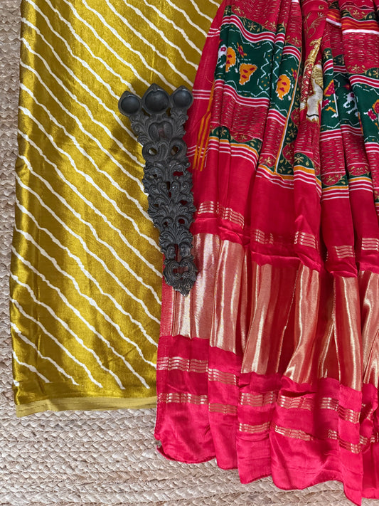 Lime green leheriya mashru silk kurta with  patola pichwai handcrafted modalsilk dupatta ps-245