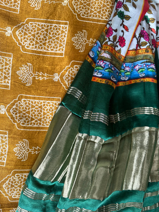 MUSTARD MASHRU  SILK KURTA WITH PATOLA PRINT MODAL SILK DUPATTAS