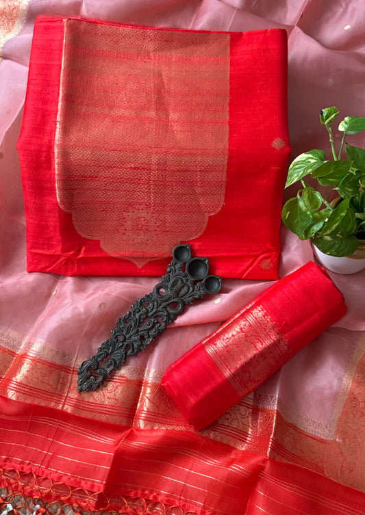 Vermilion red raw silk certified handloom banarsi kadwa butti with woven zari three piece suit