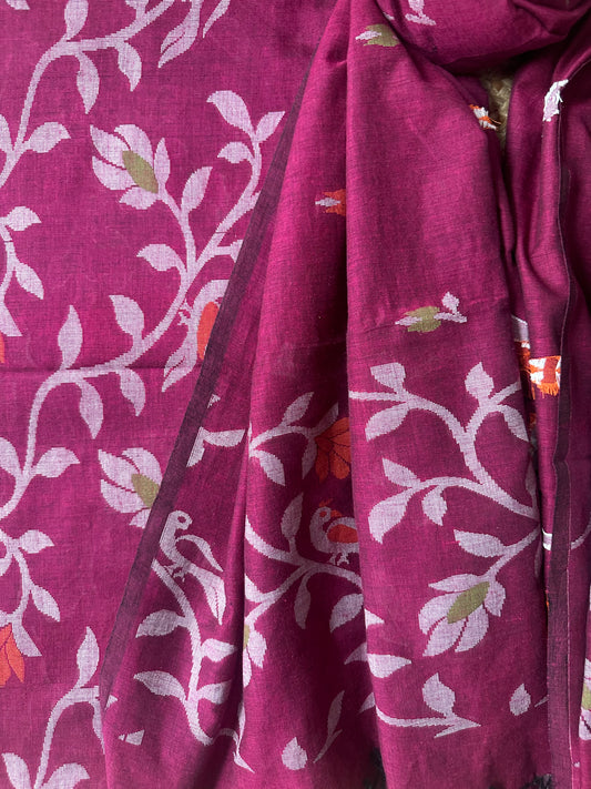 PINK MAGENTA JAMDANI ALL OVER WOVEN MULL KURTA SET