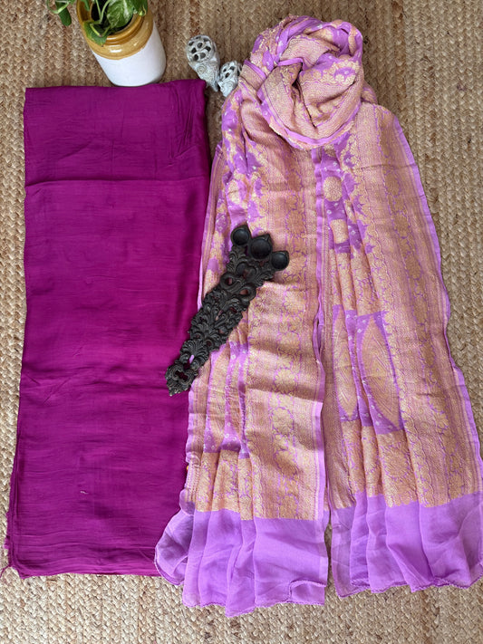 Mauve purple  Handwoven Bareek Bandhani khaddi georgette dupatta with pure Gajji silk kurta