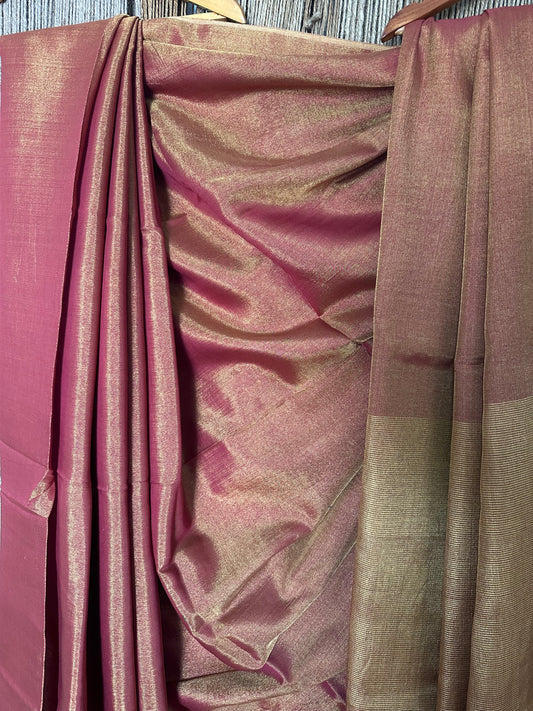 MAROON GOLD TISSUE LINEN ZARI SARI WITH WOVEN RED BORDER