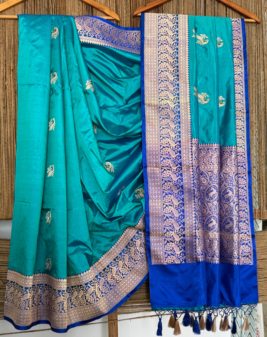 Teal Blue Katan silk certified  handloom banarsi sari with woven zari