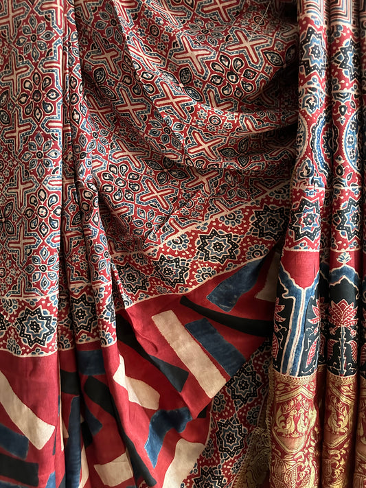 MAROON  RED DOLA  SILK AJRAKH ZARI BORDER SARI