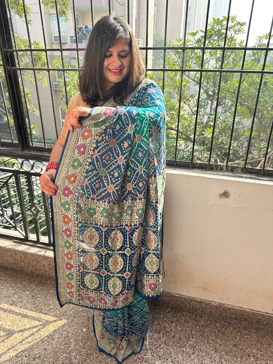 Cyan blue dual shade Handwoven Neem Zari Bareek Bandhani Saree with Khaddi Georgette with Meenakari Work BS- 53