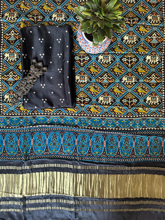 BLACK  TRIANGLE BANDHANI PATOLA PICHWAI MASHRU  SILK KURTA WITH  HANDCRAFTED MODAL SILK DUPATTA