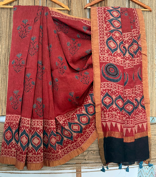 MAROON  NATURAL DYE HANDCRAFTED HANDBLOCK AJRAKH LINEN SILK SARI