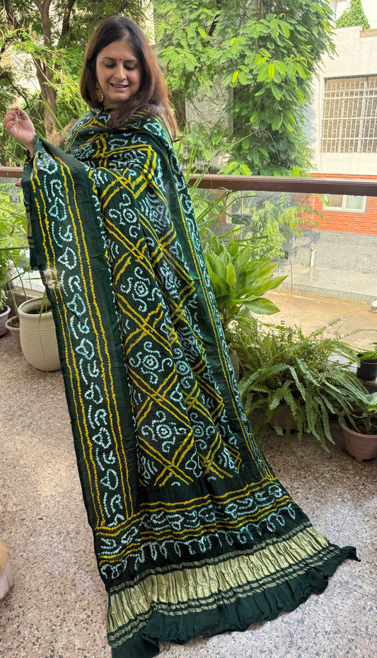 Bottle Green rai bandhani gajji silk Handcrafted Gharchola dupatta