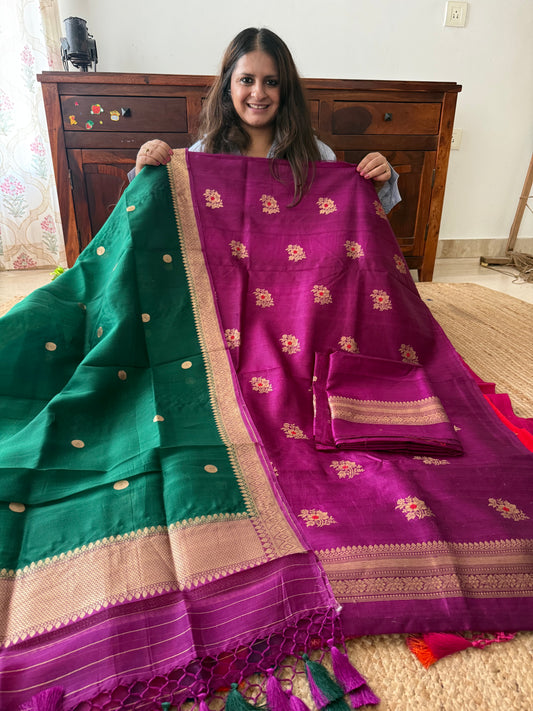 Mardi Gras Purple raw silk certified handloom banarsi kadwa butti with woven zari three piece suit