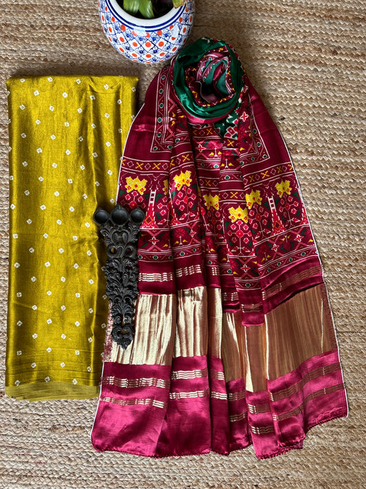 Mustard yellow mashru silk kurta with patola handcrafted modal silk dupatta ps-80