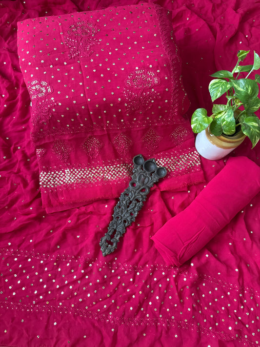 Rasberry Pink premium mukesh work Georgette lucknowi chickenkari hand embroidery three piece suit