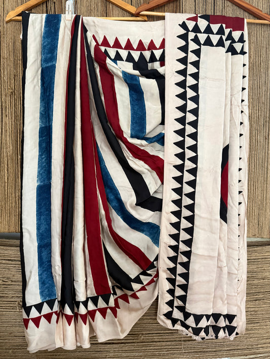 BEIGE AJRAKH MODAL SILK SARI WITH BORDER