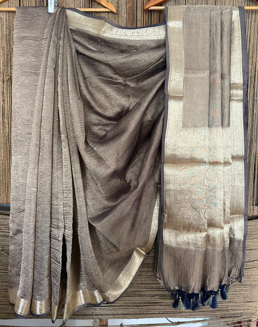 Grey banarasi zari crushed tissue sari
