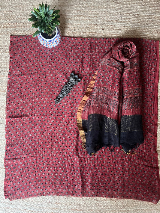 MAROON AJRAKH  LINEN SILK HANDBLOCK SUIT SET
