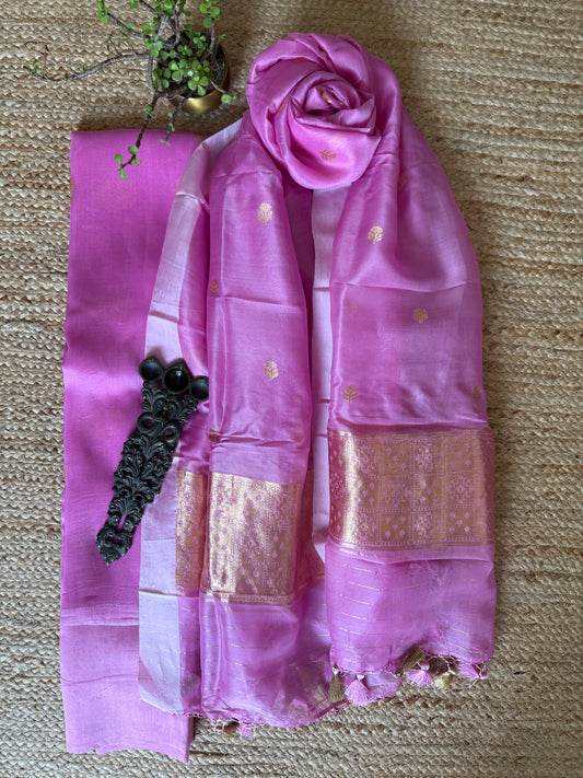 Rose pink Kora silk certified handloom Banarsi kadwa Booti three piece suit