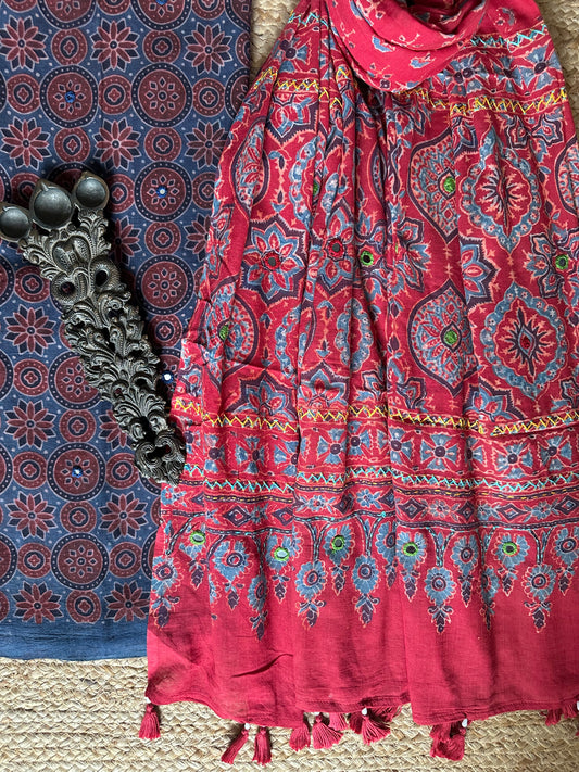 BLUE AJRAKH HANDBLOCK AND HAND EMBROIDERY KURTA WITH  AJRAKH HAND EMBROIDERY DUPATTA