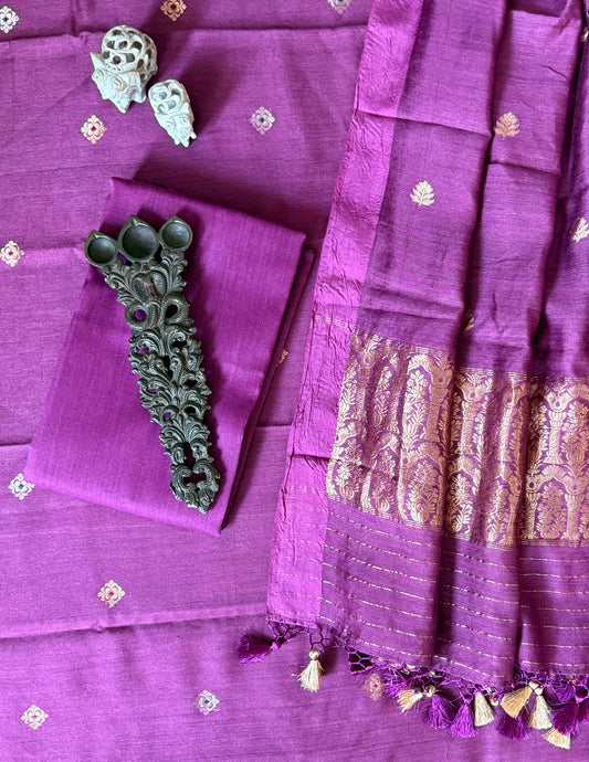 Purple Munga certified handloom Banarsi kadwa Booti three piece suit   CBS-35