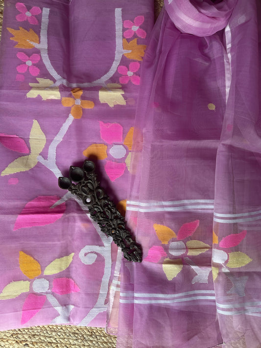 LAVENDER PURPLE HANDWOVEN JAMDANI PURE MUSLIN SILK KURTA SET MJK-41