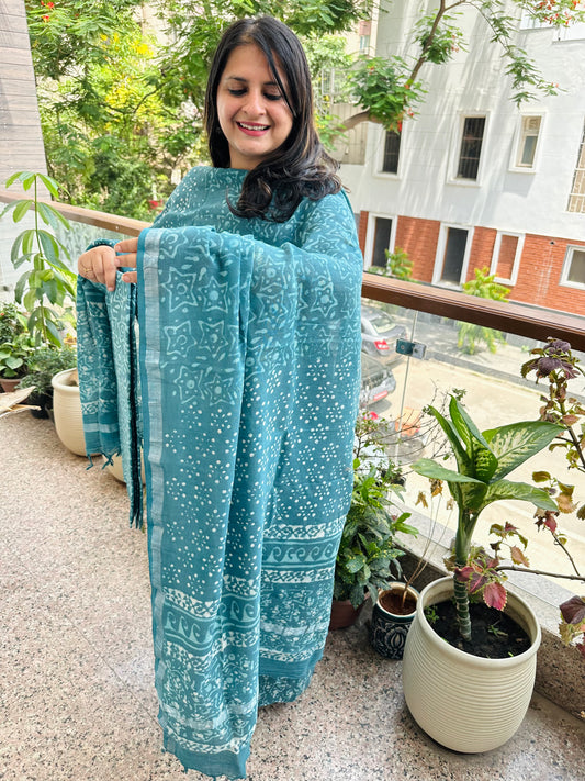 TURQUOISE GREEN LINEN COTTON HANDBLOCK SUIT SET