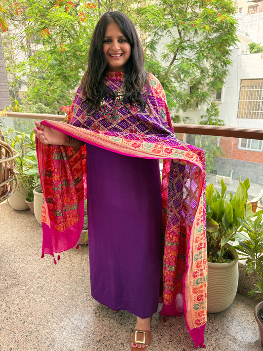 Purple and pink Ombré shade Handwoven Bareek Bandhani Meena kari Jaal   Dupatta With pure Purple Gajji Silk kurta set