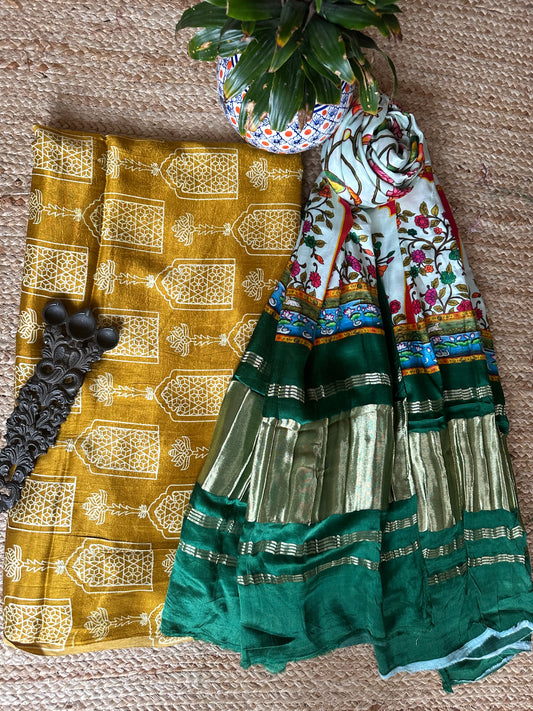 MUSTARD MASHRU  SILK KURTA WITH PATOLA PRINT MODAL SILK DUPATTAS