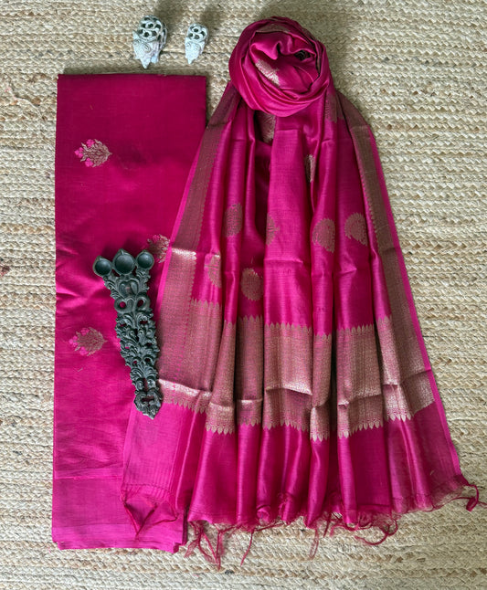 Pink Chanderi Handloom Banarsi Booti Three Piece Suit